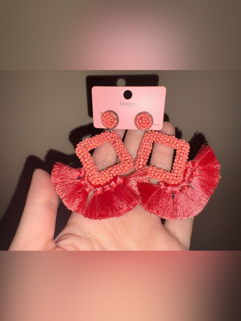 Coral Bead & Tassel Square Drop Earrings